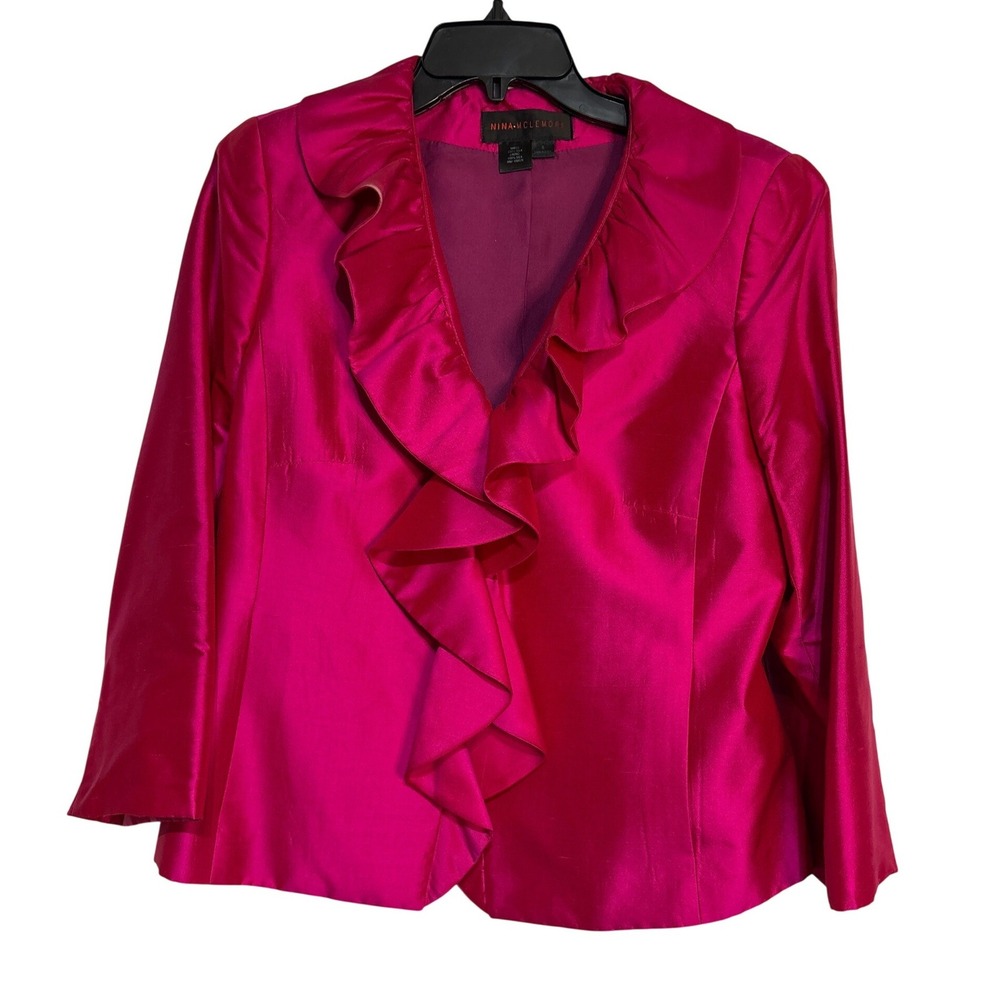 Nina McLemore Fuchsia Pink 100% Silk Ruffle Front Blazer Jacket Size 8 Made iUSA